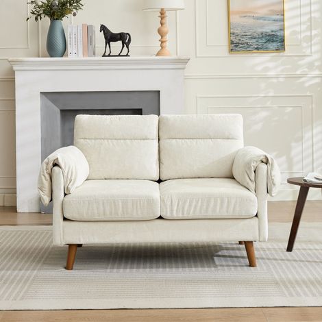 Canapé 2 places compact en chenille beige style mid-century coussins rembourrés pieds effet bois gain de place salon chambre zen