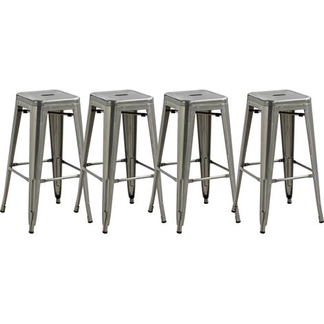Tabourets de bar industriels empilables métal argent lot de 4 hauteur assise 76 cm