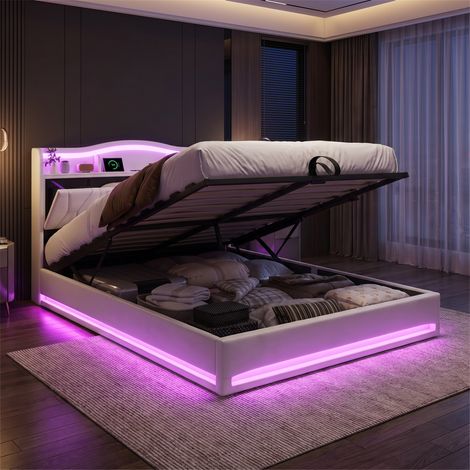 Lit Coffre 160x200 cm avec Sommier Hydraulique - Structure en Velours Beige - Tête de Lit avec Rangements, LED et Station de Charge USB/Type-C