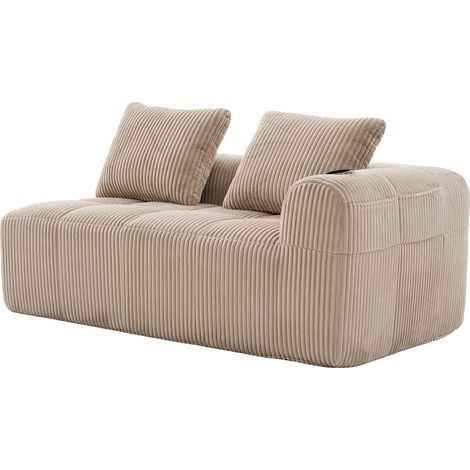 Canapé 2 places confortable en velours côtelé – sans montage, coussins de dossier moelleux, poche latérale pour télécommande et téléphone, porte-gobelet intégré – soigné et esthétique. (1/5)