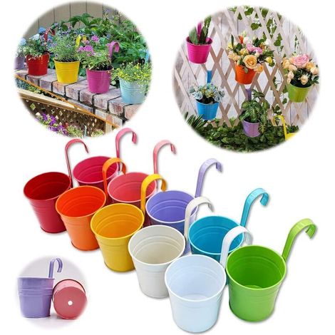 Ineasicer Vaso da fiori grande in metallo con foro di drenaggio, gancio rimovibile (10 pezzi in 10 colori assortiti)