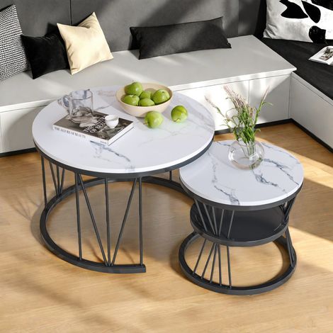Tables basses gigognes rondes pour salon - Table d'appoint avec rangement - Plateau imitation marbre blanc - Structure en métal noir - Moderne/Scandinave (1/5)