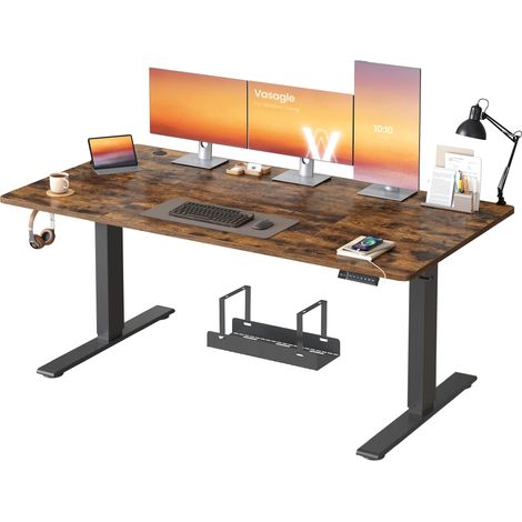 Bureau Électrique Réglable en Hauteur, 160 x 80 cm, avec Port USB-C, Support pour Multiprise, Rappel de Sédentarité, Fonction Mémoire 3 Hauteurs, Télétravail, Marron Rustique (1/5)