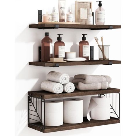 3-Tier and 1-Tier Floating Bathroom Shelves, 40cm Rustic Wooden Shelves, Wall Decor for Bathroom, Living Room, Bedroom and Kitchen (Dark Brown) (1/5)