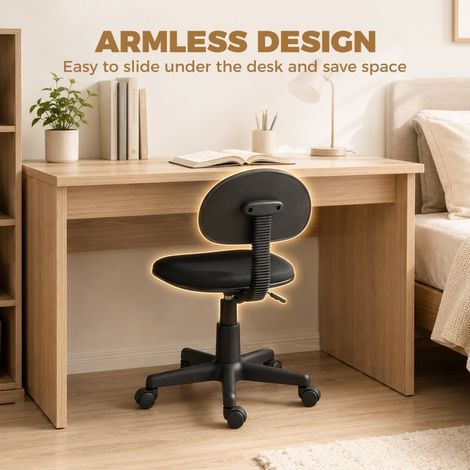 Bureau fauteuil sans accoudoirs, réglable en hauteur, roulettes pivotantes 360°, dossier bas, noir. (1/5)