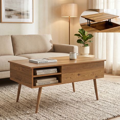 Table basse Vasdabod avec plateau relevable 96 x 59 x 50 cm effet chêne [en.casa] (1/5)
