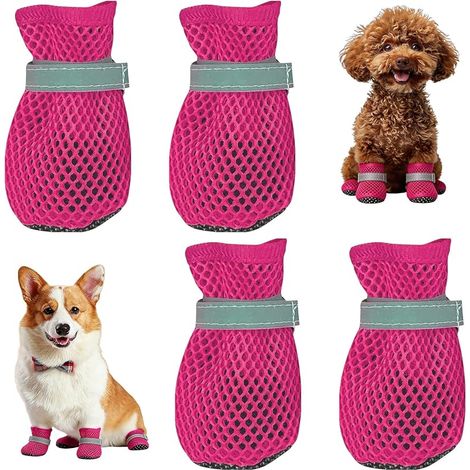 Set mit 4 Sommerschuhen für kleine Hunde, atmungsaktive Mesh-Hundeschuhe, verstellbare, atmungsaktive Mesh-Schutzstiefel, rutschfest, für heiße Sommerböden (Rosa, S) (1/5)