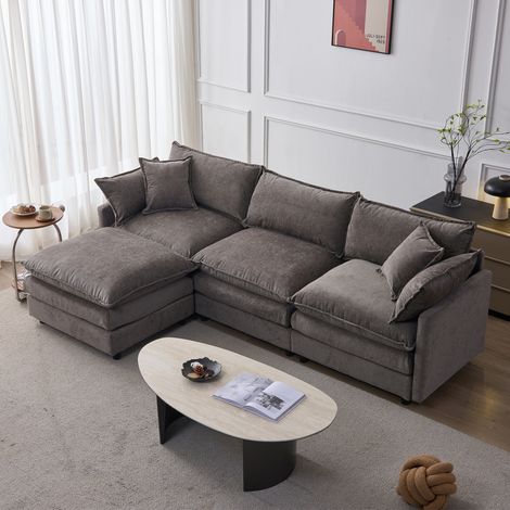 Sofá rinconera de 3 plazas en chenilla gris 267 x 154 x 85 cm con otomana móvil DESVIAE (1/5)