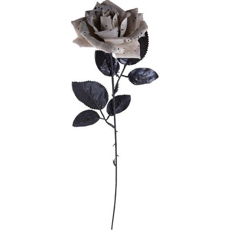 Décoration de Table - Rose Grise Halloween - 42 cm - Tige et Feuilles Noires