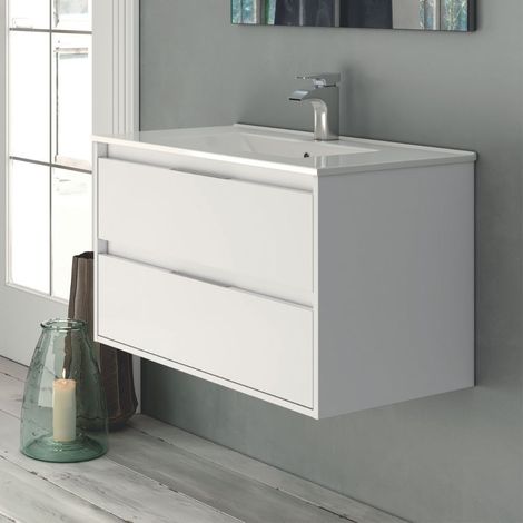 Meuble de salle de bain mural 60 cm avec 2 tiroirs et vasque incluse blanc laqué brillant - Foltin (1/3)