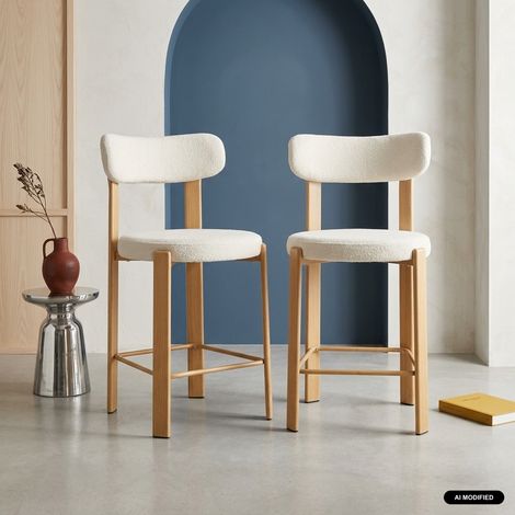 Lot de 2 tabourets de bar vintage acier effet bois clair et tissu texturé - Gloria Bois clair / Crème (1/5)