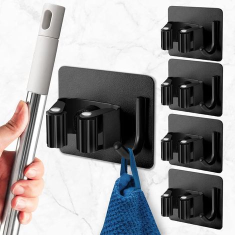 4 Pieces Black Wall Mounted Broom Holder, No Drilling Required, Adhesive Wall Mounted Broom Holder with Hook, Stainless Steel Broom Storage Rack, Wall Mounted Tool Rack for Kitchen, Garage, Garden (1/5)