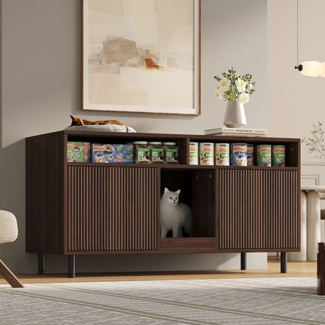 Armoire à litière pour chat 120x50x66 cm couleur noyer. Tapis de collecte de sable et étagère intégrée,sans bac à litière inclus.