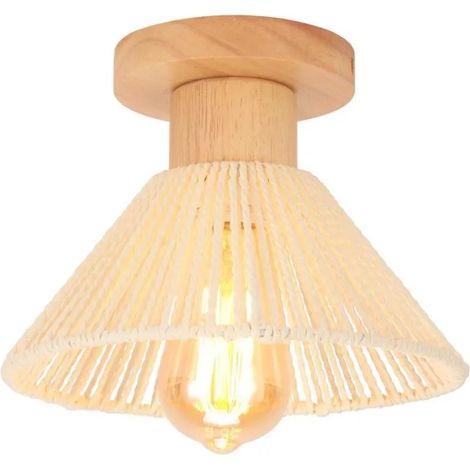 Plafonnier Vintage,22cm Lustre Abat-jour en Rotin Blanc et Bois E27 Lampe de Plafond Style Nordique pour Couloir Salon (1/5)