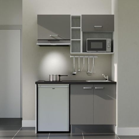 Kitchenette K13L-PT - 140 cm - plan stratifié, évier inox, - Façade Gris - Plan Noir texturé - Evier Inox - Crédences Non + Electroménager inclus coloris Inox (1/5)