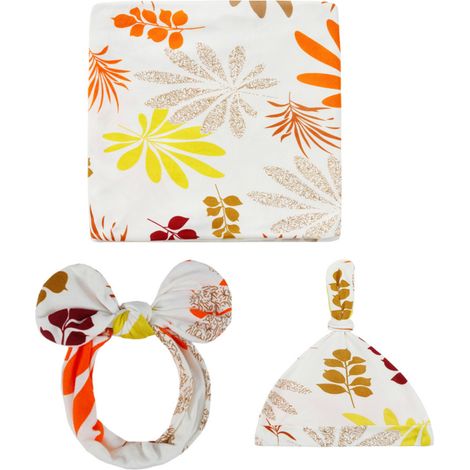 1 couverture d'emmaillotage, 1 bandeau et 1 bonnet de naissance, fibre protéique (soie de lait), multicolore, 80 x 80 cm, pour nouveau-né (1/5)
