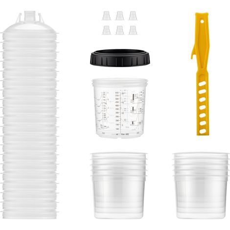 Wiltec Sistema di miscelazione da 600 ml, 50x filtri 125 μm, set di tazze di miscelazione per vernice con coperchi, tazze interne e misurini, tazza graduata per vernici, per la verniciatura di auto (1/5)