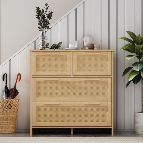 Buffet et enfilade 4 tiroirs en rotin résistant - Poignées en bois massif - Meuble rangement salon ou chambre - L80xH80xP38 cm (1/5)