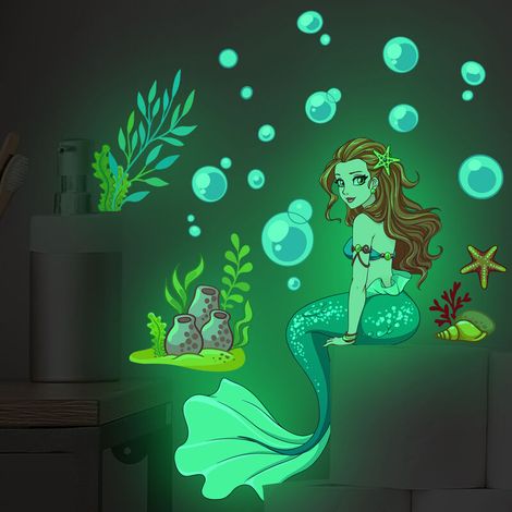 Sticker mural sirène,Sirène Autocollant Mural Fluorescente , Stickers Étoile Lumineux de Chambre D'enfants/Bébé,Stickers Muraux Fluorescente pour Enfants,Stickers Mural Coloré de Chambre Fille (1/5)