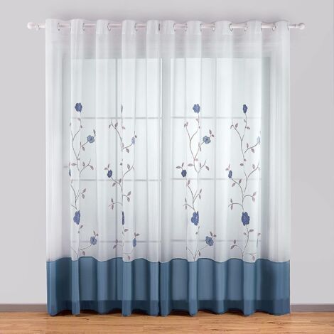 Lot de 2 Rideaux à Oeillets Voilages Broderie Floral pour Chambre Cuisine Salon, 140cmx175cm, Bleu-Ensoleillé (1/5)
