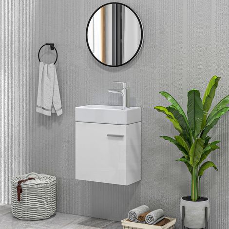 Meuble vasque de salle de bain avec lavabo suspendu, porte à fermeture amortie et placard, 40 x 23 x 50 cm, blanc brillant (1/5)
