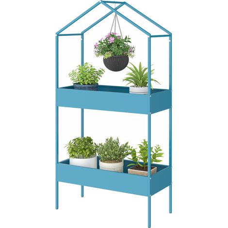 Outsunny Portavasi a 2 Livelli a Casetta con Gancio in Metallo 75x35x150 cm