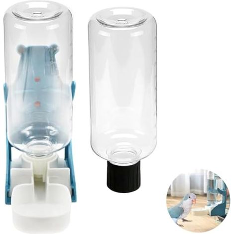 Distributeur d'eau et Nourriture Automatique pour Oiseaux, 2 Bouteilles de 500ml, pour Perruches, Perroquets, Canaris, Rongeurs - Facile à Installer et Nettoyer, Anti-Fuite, Bleu (1/4)