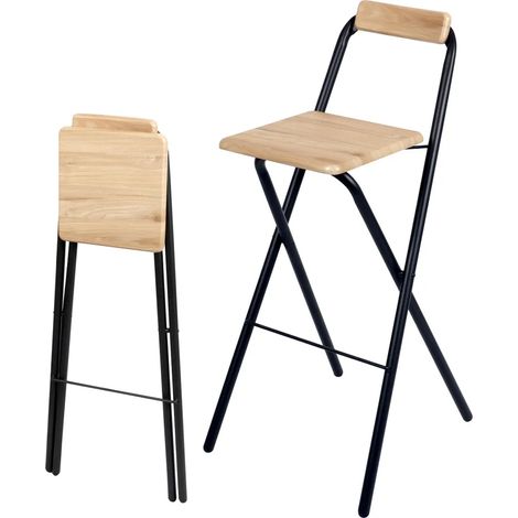 Tabouret de bar pliant avec structure métallique, charge maximale 120 kg - 98 x 48 cm - Tabouret de comptoir pliant en métal avec assise en bois (1/5)