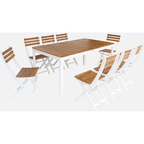 Mesa de jardín de acacia con esquinas redondeadas, 8 sillas