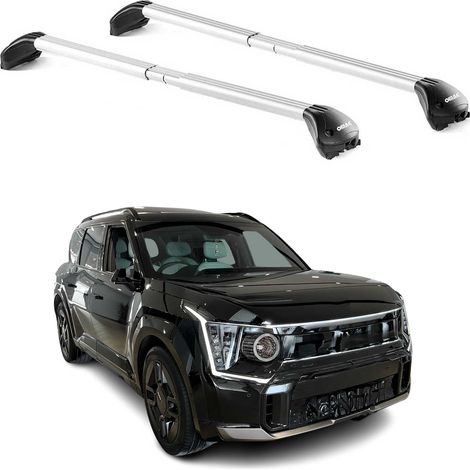 OMAC Barres de toit transversales certifiées TÜV pour Kia EV9 2023-2026 – Verrouillables (4 antivols) – Charge max 100 kg – Sangle inox + protection caoutchouc Argent (1/4)