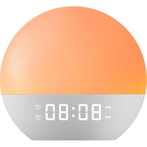 Radio reloj despertador con luz, simulación de amanecer/atardecer, 2 alarmas, 25 sonidos, radio FM, 10 + 8 colores ajustables, puerto USB para cargar el teléfono. (1/5)