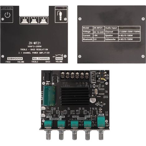 Carte d'amplificateur de puissance Bluetooth ZK MT21 2.1 canaux, module d'amplification audio 12-24 V CC pour haut-parleurs 20-100 W 4-8 Ω (1/5)