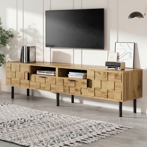 Meuble TV 160x35x42.5 cm naturel en panneau de particules avec design mosaïque et pieds métalliques (1/5)