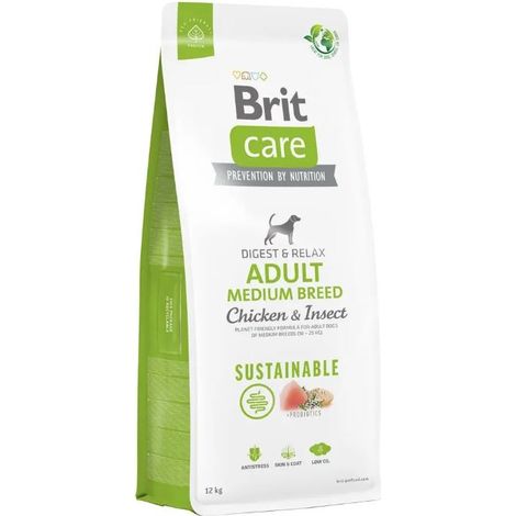 Brit Care Dog, alimento per cani adulti di taglia media, sostenibile, a base di pollo e insetti, confezione da 12 kg.