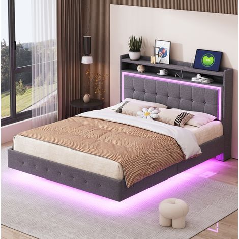 Cama tapizada 140x200 cm gris con USB, LED y somier de lamas (1/5)