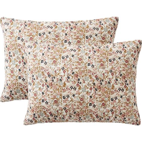 Lot 2 taies 50 x 70 cm en gaze de coton écru et fleuri - ISABELA 2 (1/5)