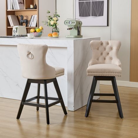 Tabouret de bar pivotant, velours capitonné, pieds bois et garniture chromée, style loisirs, lot de 2, couleur beige 54,5x44,5x97,5cm (1/5)