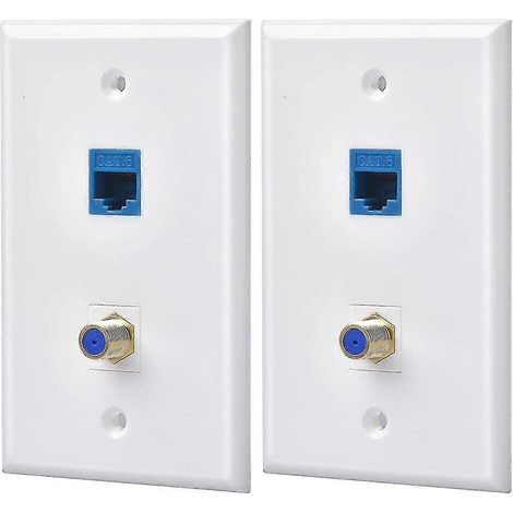 Packung mit 2 Koaxial-Ethernet-Wanddosen mit 1 Cat6-Anschluss und 1 vergoldetem RJ45-F-Typ-Koaxialanschluss (weiß/blau)