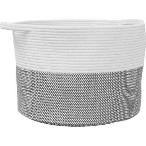 Un panier à linge à rayures grises et blanches, de 55 cm de diamètre et 36 cm de hauteur, en coton. (1/5)
