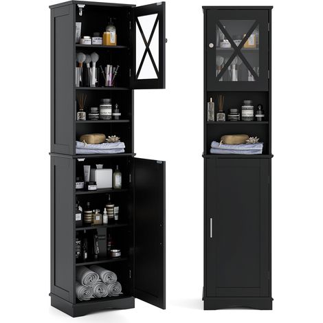 Costway – Armoire de salle de bain haute 170 cm – 5 étagères réglables – 2 compartiments ouverts et fermés – Conception compacte 30 x 40 cm – Noir (1/5)