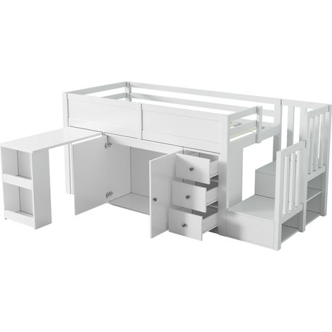 Letto a soppalco bambino bianco 90x200 cm con scrivania, contenitori e scala - HOMVRA (1/5)