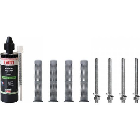 RAM – Kit de scellement chimique 4 tamis 15x130 – 4 tiges filetées 10x160 – Fixation pour brique creuse et parpaing – 1 cartouche 170ml