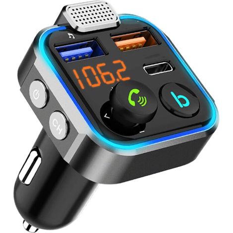Trasmettitore FM Bluetooth 5.0 con doppie porte USB-C PD e illuminazione a LED blu – Compatto, compatibile con l'auto