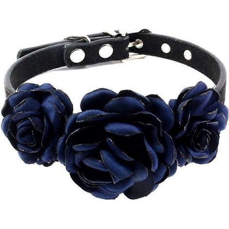 Collier pour chienne et chatte, motif floral rose, décoration fleur, bleu marine, taille M.