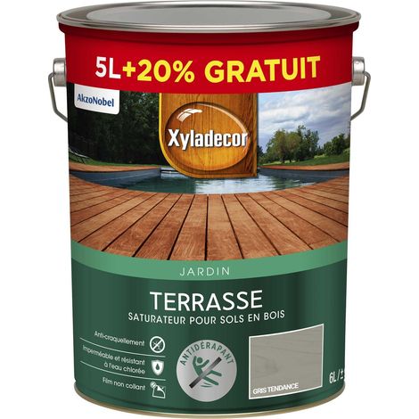 Saturateur pour sol exterieur en bois - Terrasses - aspect mat gris tendance 6 L (5 L + 1 L gratuit) - Xyladecor