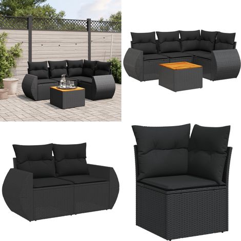 Salon de jardin 5 pcs avec coussins noir résine tressée - Ensemble Salon De Jardin - Meuble Extérieur - Résine Tressée - Rotin Synthétique - Mobilier De Jardin - Home & Living (1/5)