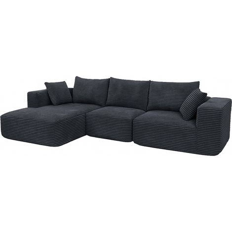 [NON UTILIZZATO] Set divani sofà HHG-938, divano a 3 posti lounge, stoffa/tessuto a coste (370 g/m²) penisola a destra, grigio scuro (1/5)
