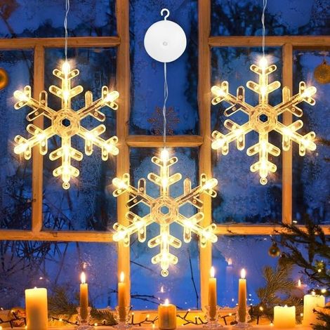 3 décorations lumineuses flocons de neige, rideau fenêtre Noël, piles, balcon jardin, blanc chaud (1/5)