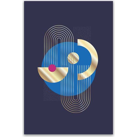 Tableau abstrait cercle bleu et formes dorées