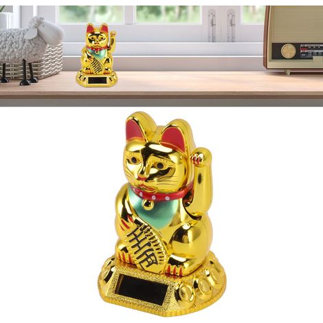 Figurine Chat Maneki Neko Doré avec Bras Mobile Induction Lumière Solaire Ornement pour Maison Voiture [Plastique Haute Qualité 45g 8x4.5x4.5cm] (1/5)
